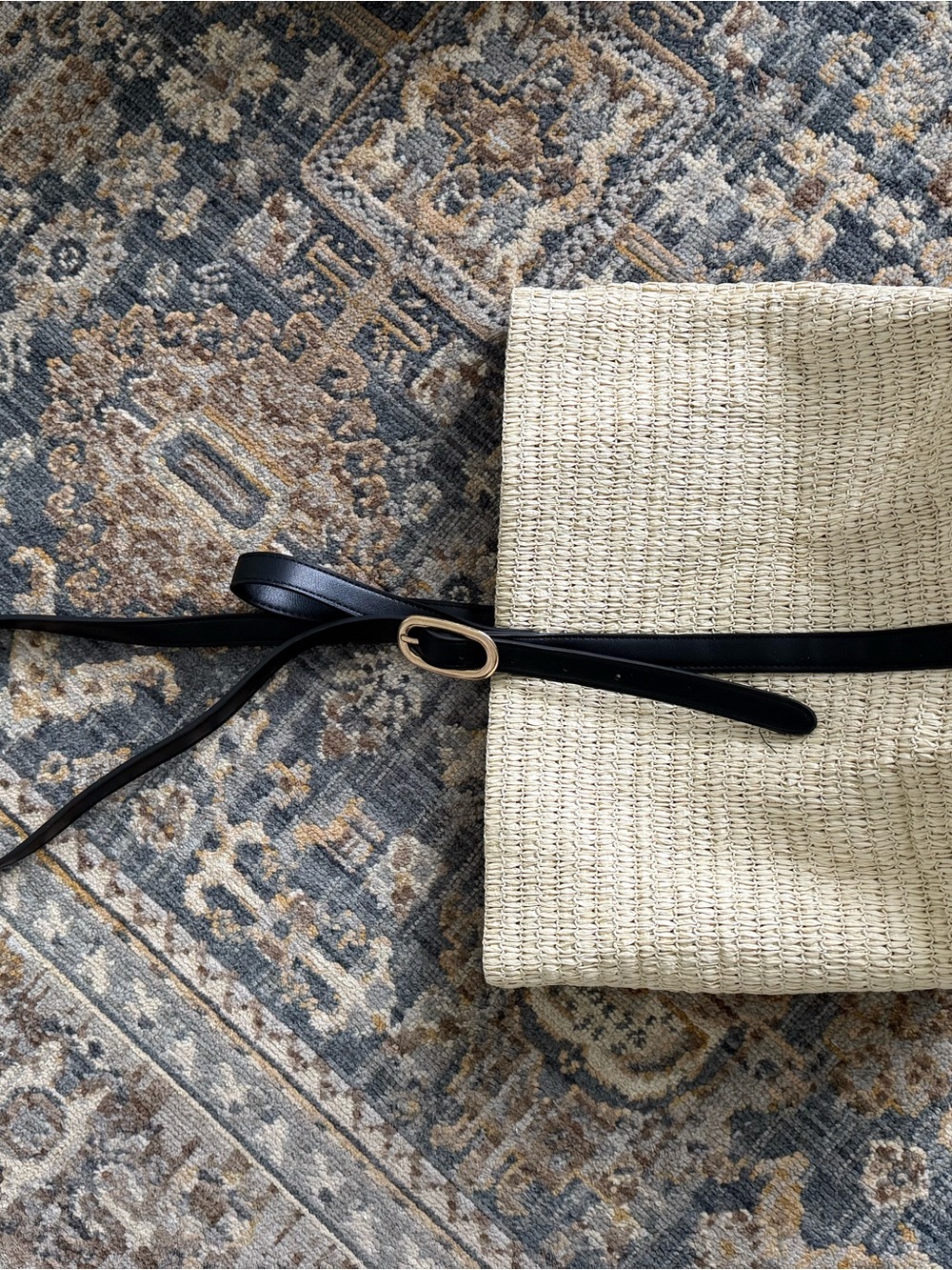 Old Navy Natural Straw Tote with Black Strap and Gold Buckle - Picture 4 of 5